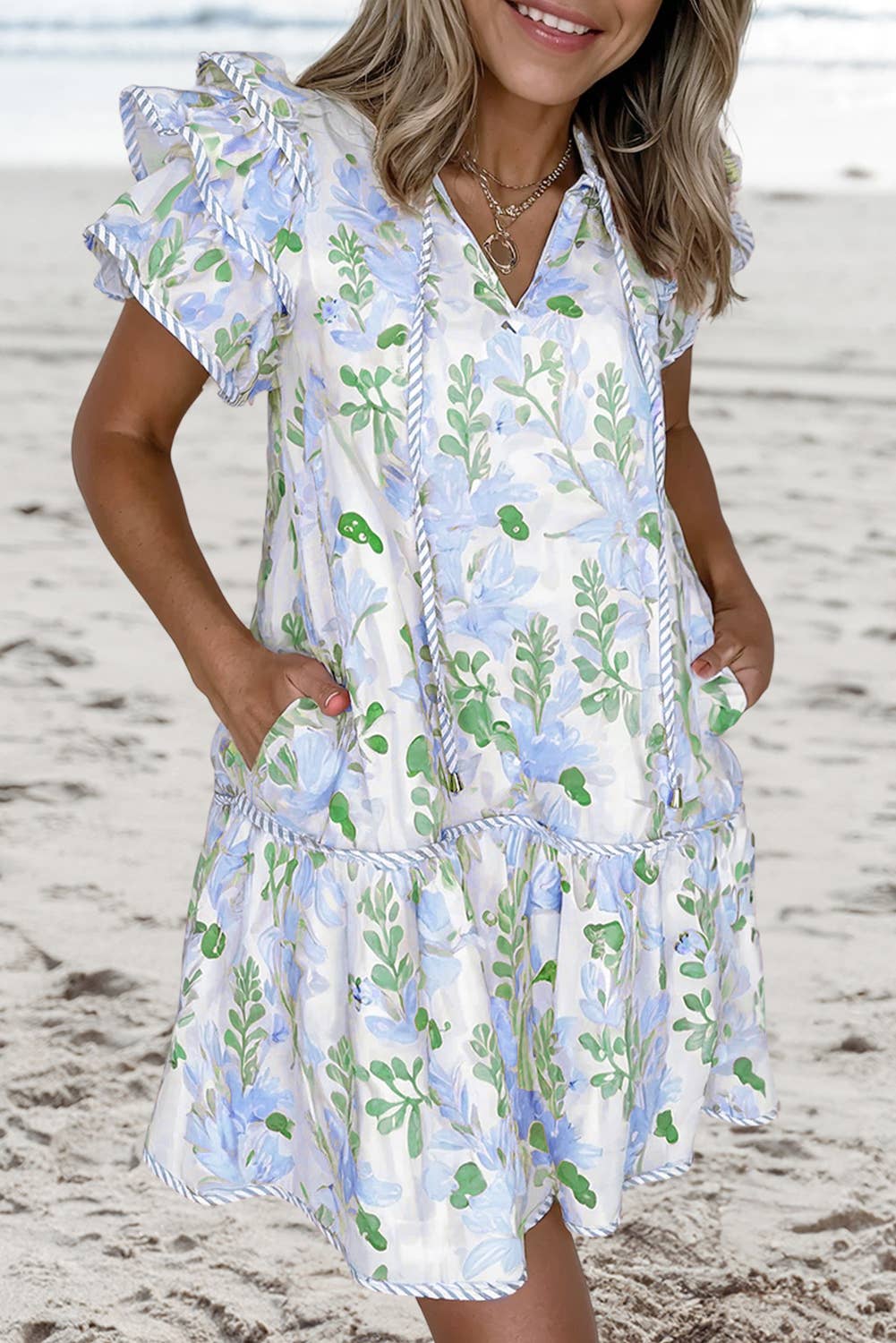 (M Dresses)  Floral Contrast Edge Layered Tied Neck Mini Dress