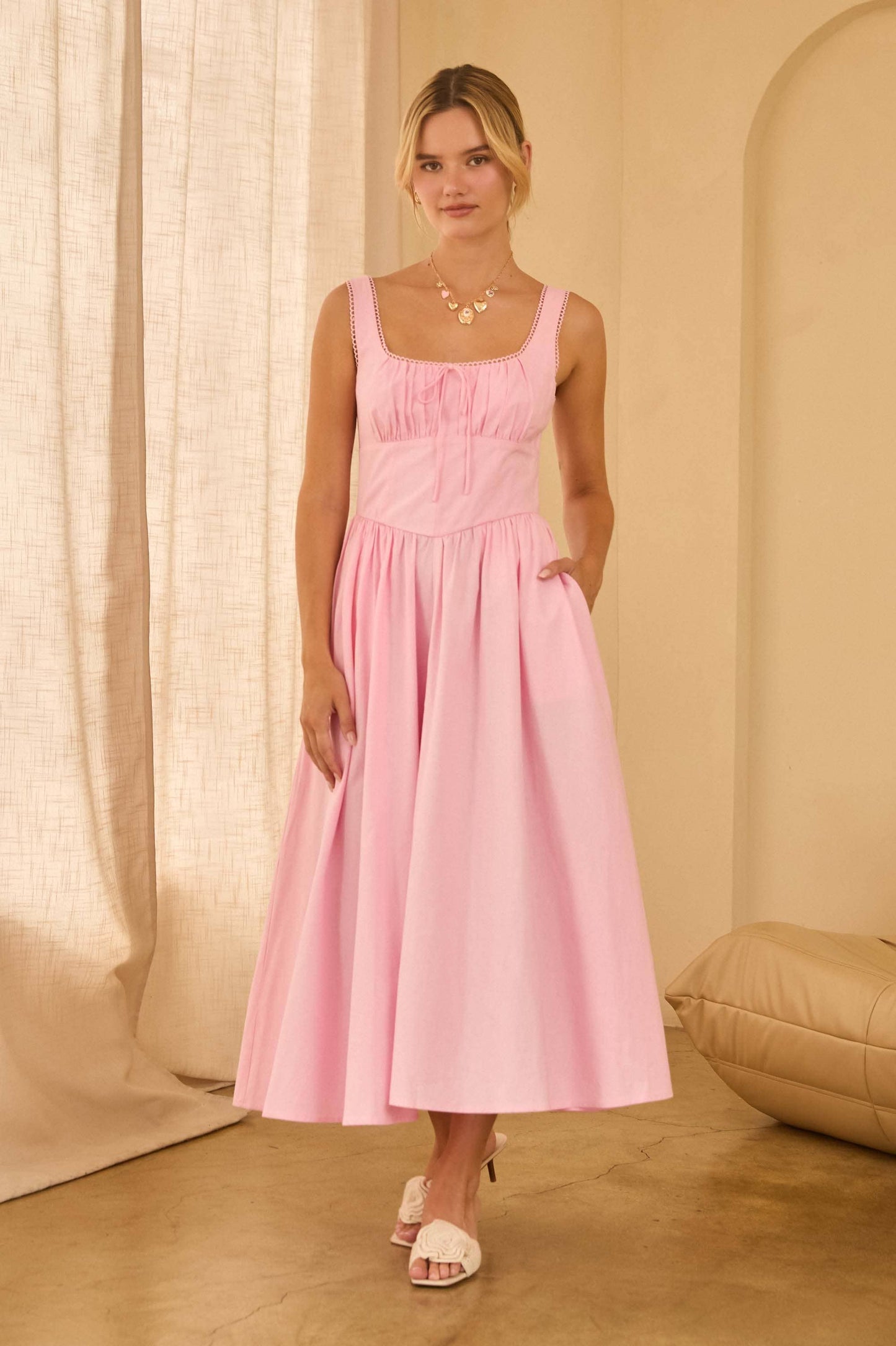 (M Dresses) Square Neck Princess-Waist Midi Dress (M-PW39)