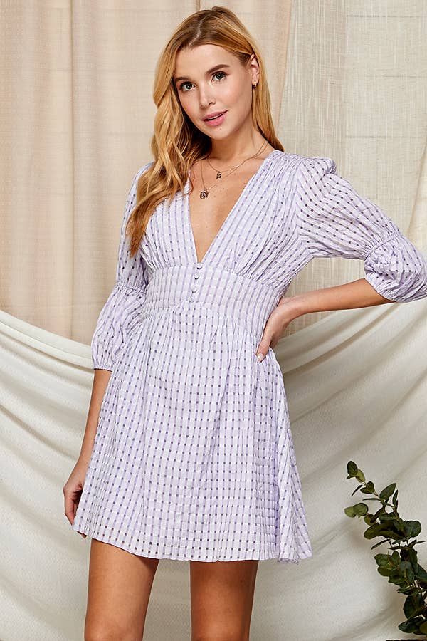 (M Dresses) Deep V-Neck Dress with Puffy Sleeves (M-VN38)