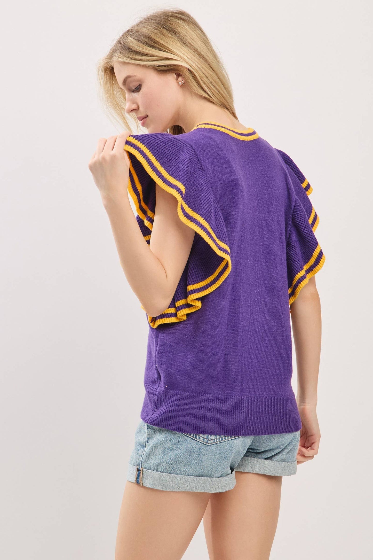 (Game Day) Ruffle Sleeve Varsity Gameday Knit Top (M-LSUS)