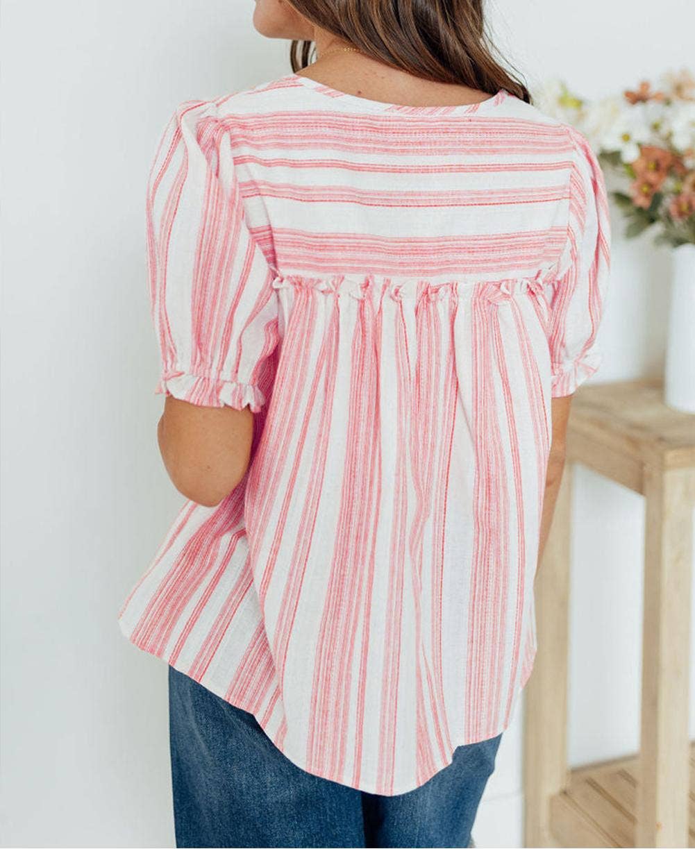 (Plus Tops) Stripe Tassel Tie Frilled Detail Short Sleeve Blouse (P-TTF11)