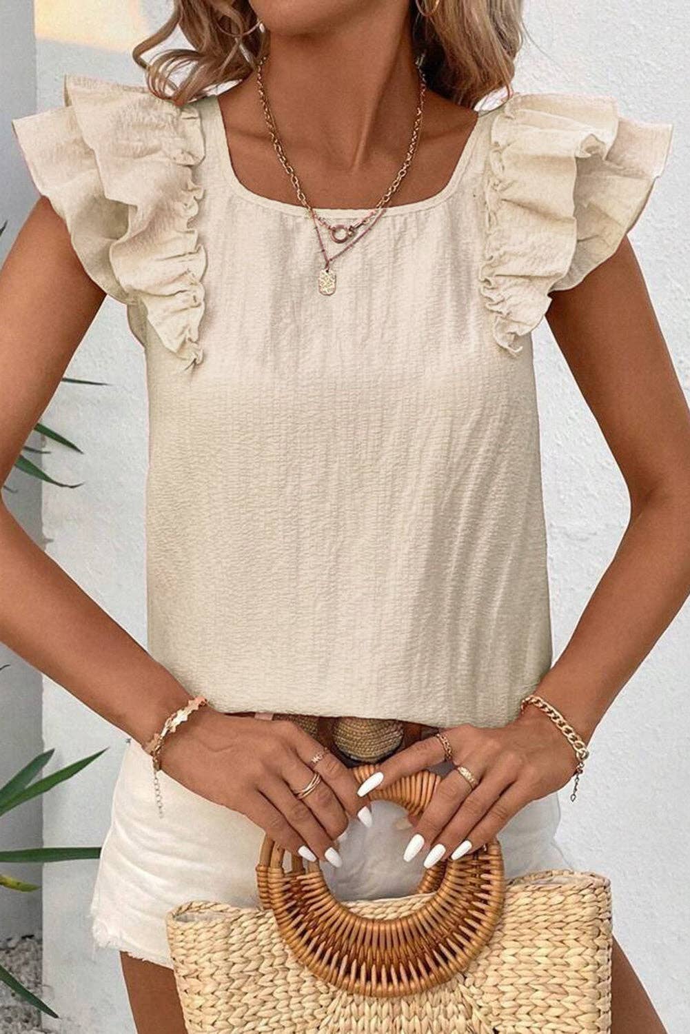 (M Tops) Bow Butterfly Sleeve Textured Summer Blouse  (M-BBSB01)