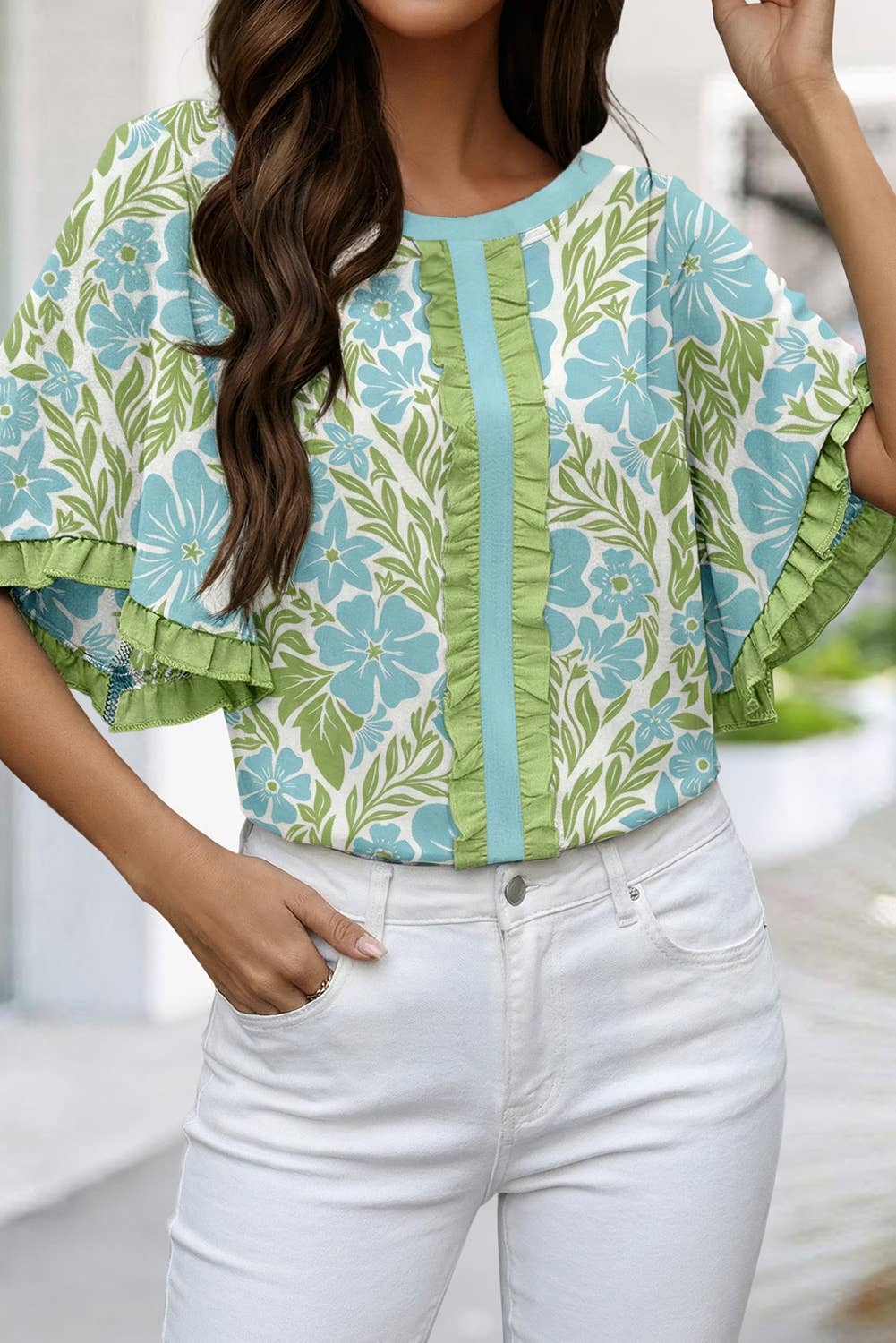 (M Tops) Floral Frill Trim Blouse (M-FTT9)