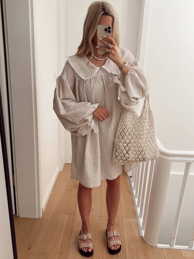 (M Dresses) Gingham OVERSIZED Collar Baby Doll Dress  (M-BJS10)