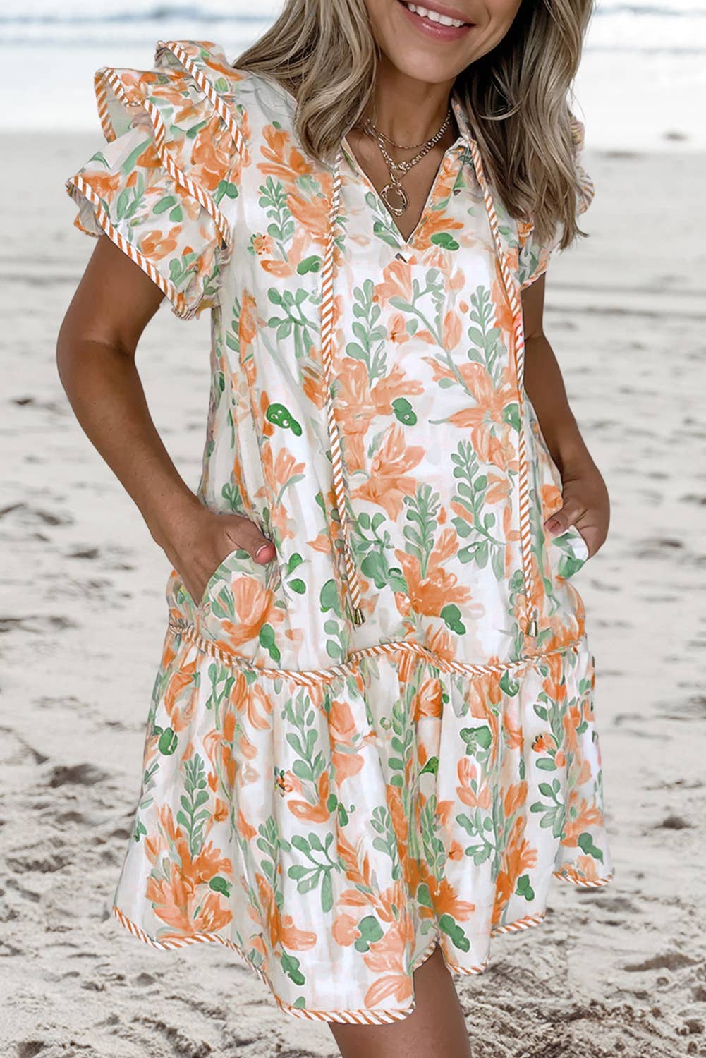 (M Dresses)  Floral Contrast Edge Layered Tied Neck Mini Dress