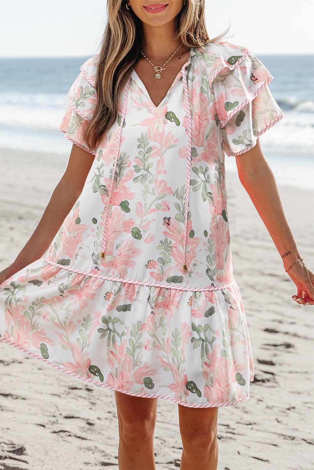 (M Dresses)  Floral Contrast Edge Layered Tied Neck Mini Dress