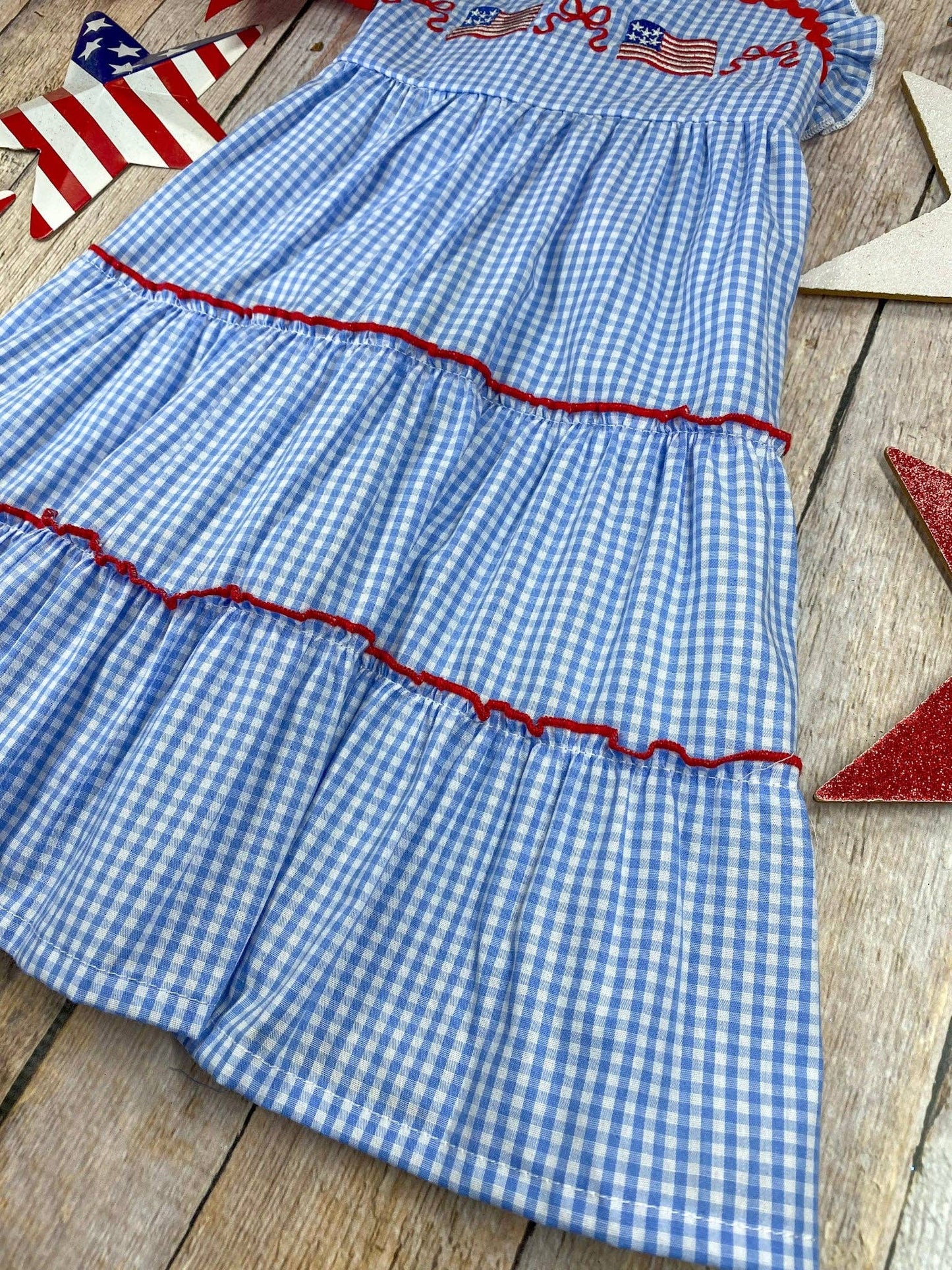 (Girls) Blue Gingham American Flag Tiered Dress (K-FD43)