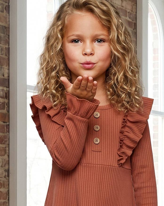 (Girls) Brown Toffee Ribbed Long Sleeve Button Ruffle Shirt
