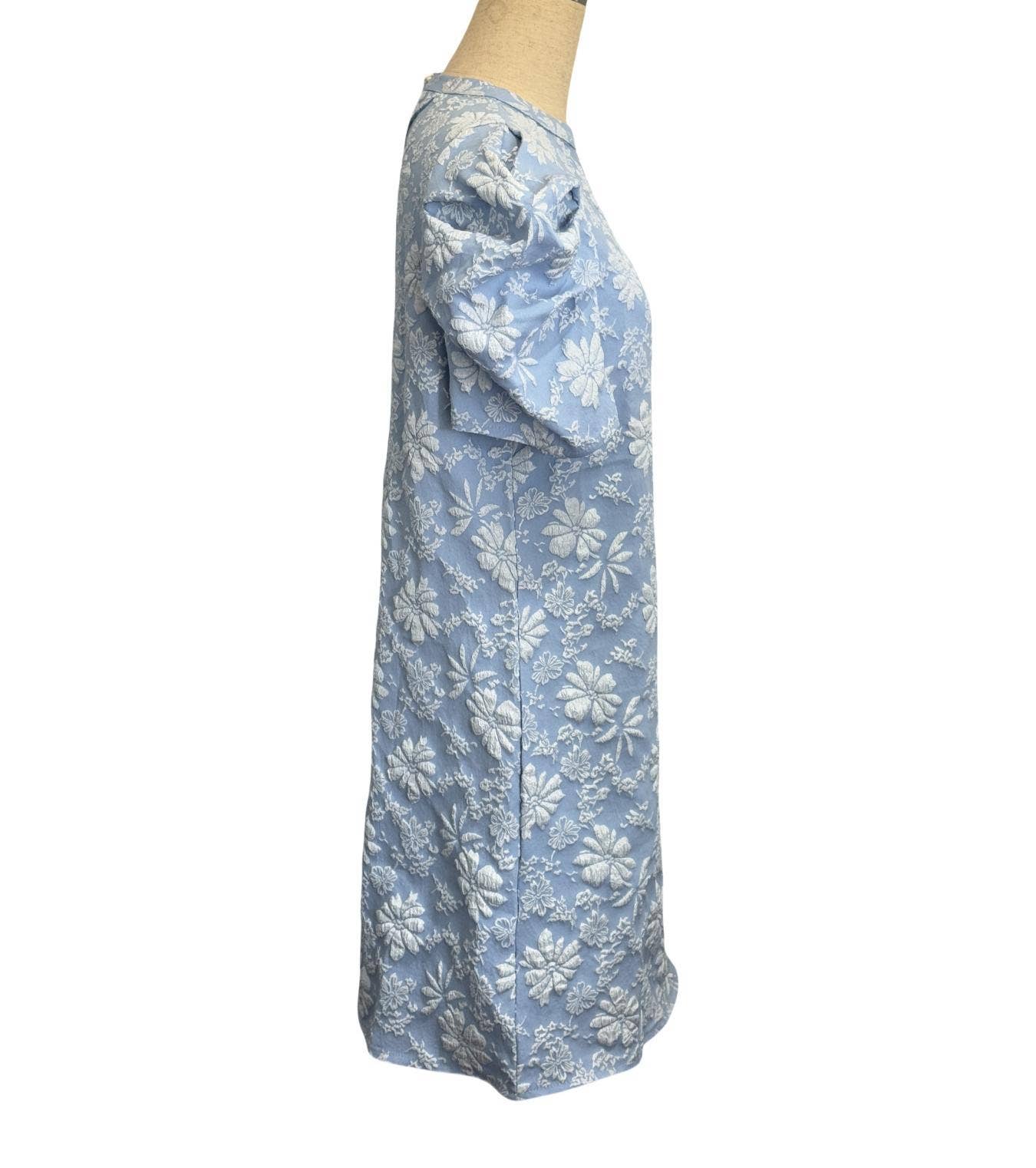 (M Dresses) Puff Sleeve Textured Jacquard Mini Dress- Blue (M-BJMD30)