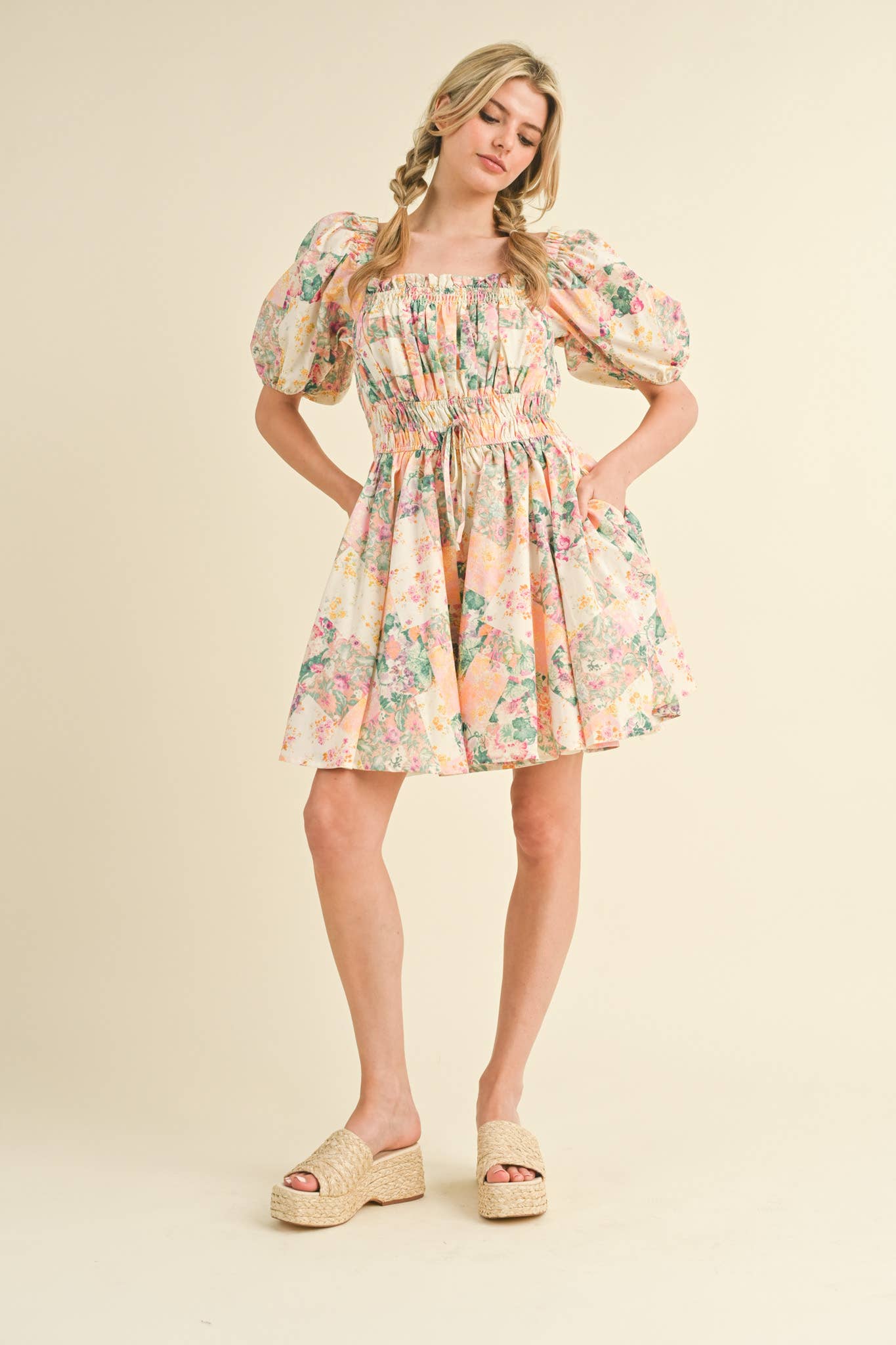 (M Dresses) Exclusive Print Floral Puff Sleeve Mini Dress (M-CD21)