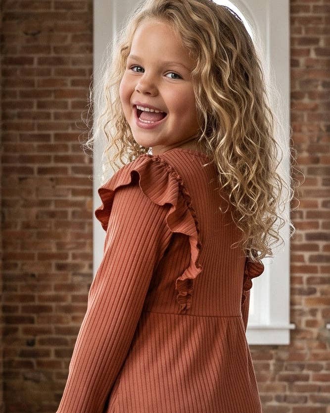 (Girls) Brown Toffee Ribbed Long Sleeve Button Ruffle Shirt
