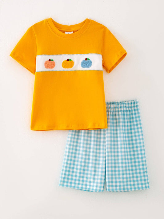 (Toddlers) Halloween Pumpkin Chenille Patches Boys Shorts Set - (K-PBS16)
