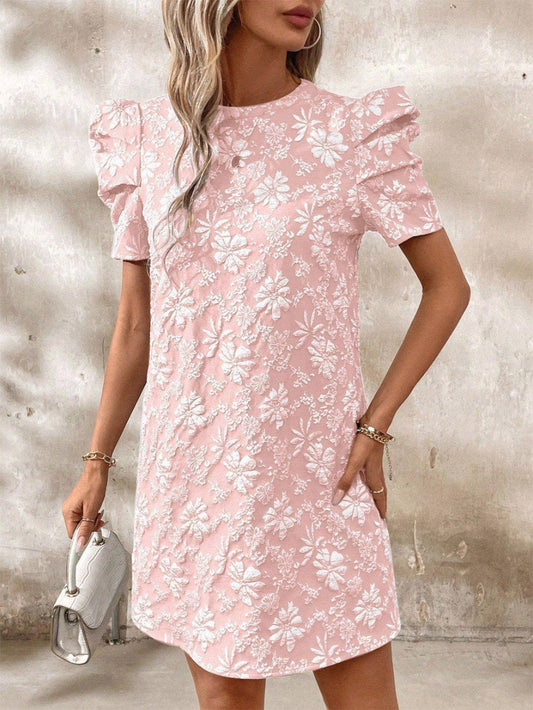 (M Dresses) Puff Sleeve Textured Jacquard Mini Dress- Pink (M-JMD30)